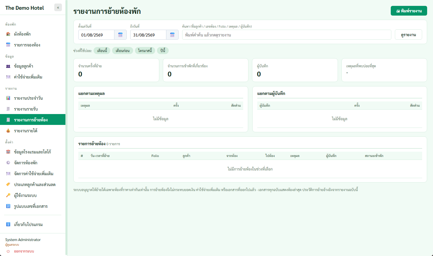หน้ารายงานการย้ายห้องพัก